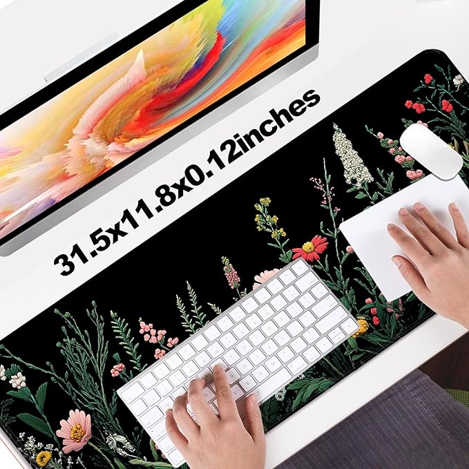 Pretty Wildflower Gaming Desk Mat, Computer Keyboard Large Extended Flowers Mouse Pad for Office and Home, 31.5×11.8 Inches, XL