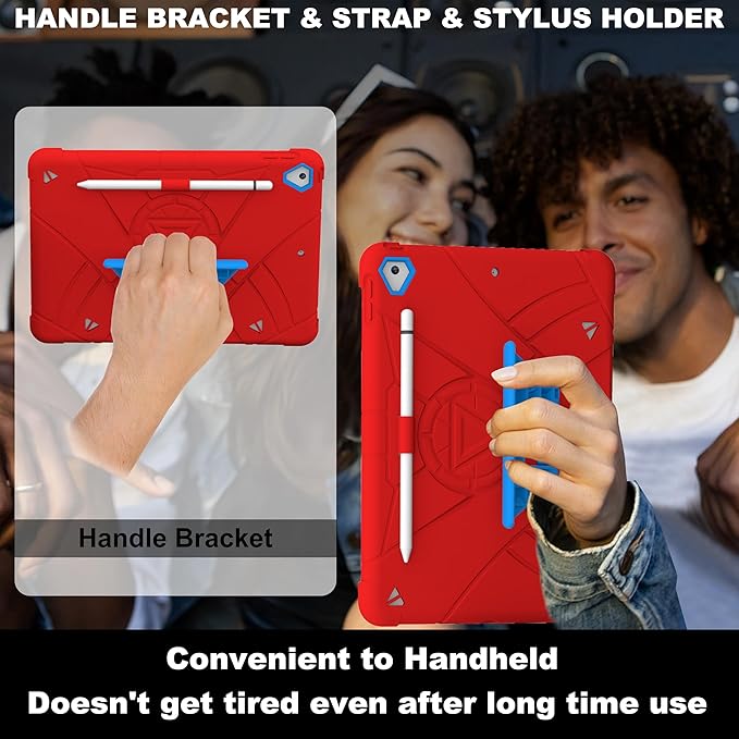 Andnary Case for iPad 9th/8th/7th Generation 10.2 inch, Heavy Shockproof Cover with Screen Protector/180° Rotating Handle/Bracket/Pen Holder/Shoulder Strap, Kids Case for 2021/2020/2019 (D-Red+Blue)