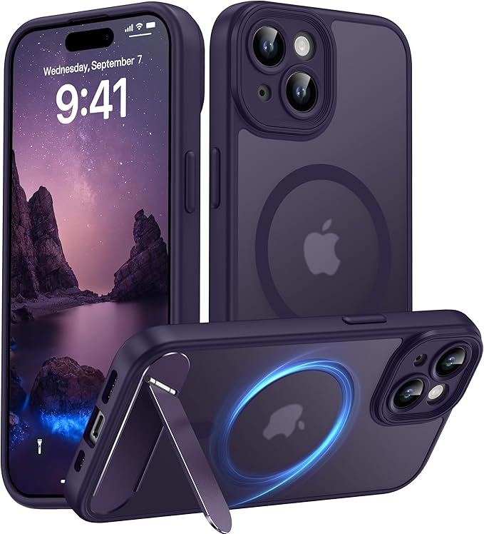 Magnetic Compatible with iPhone 15 Case, [Built-in Invisible Kickstand][Compatible with MagSafe][Full Camera Protection] Translucent Matte Phone Case for iPhone 15 6.1" Purple
