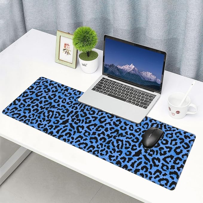 Blue Leopard Skin Print XL Large Mouse Pad with Stitched Edges Long Non-Slip Rubber Base Mousepad Laptop Keyboard Mat Desk Pad for Office Home Desk Decor, 31.5" X 11.8"