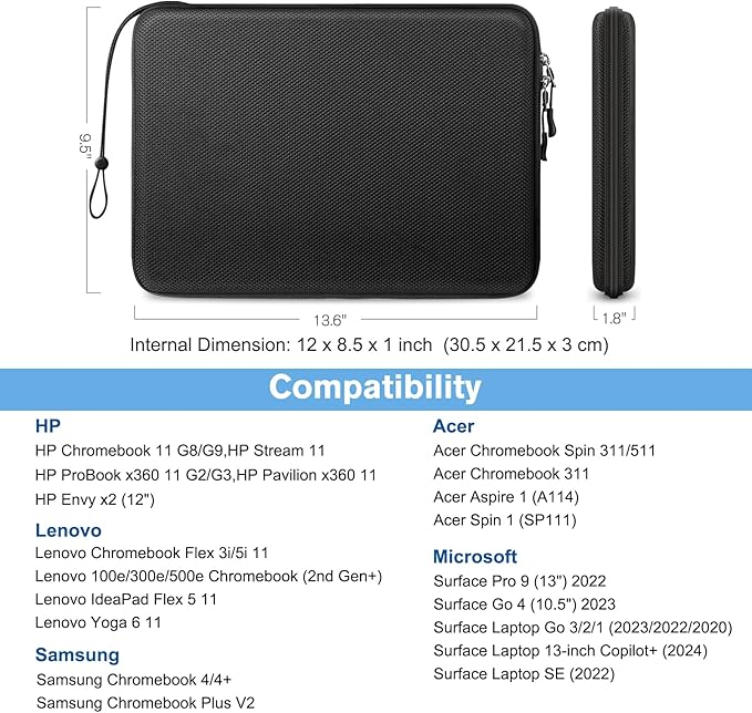 FINPAC Hard Laptop Sleeve Case for 11.6-inch Chromebook, Shockproof Computer Carrying Case Compatible with 11.6-inch Samsung Chromebook 4+/4/3/2, Acer/HP/Dell/ASUS/Surface Laptop 13", Pro 12", Black