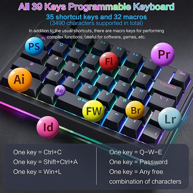 Koolertron Single-Handed Macro Mechanical Keyboard, RGB LED Backlit Portable Mini One-Handed Mechanical Gaming Keypad 39 Fully Programmable Keys (39 Keyboard Black)