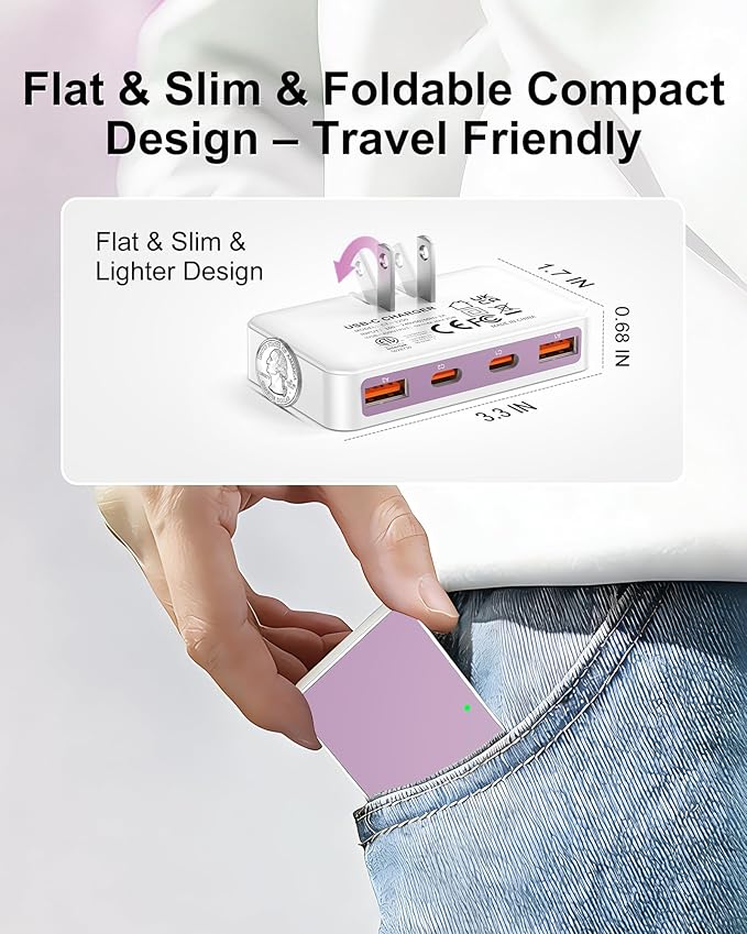 Flat USB Wall Charger 4 Ports Slim 35W USB-C/A Flodable Plug Fast Charging Block for iPhone 8/9/10/11/12/13/14/15 Multiport Power Charging Adapter for ipad and Galaxy Series S8-10 Purple