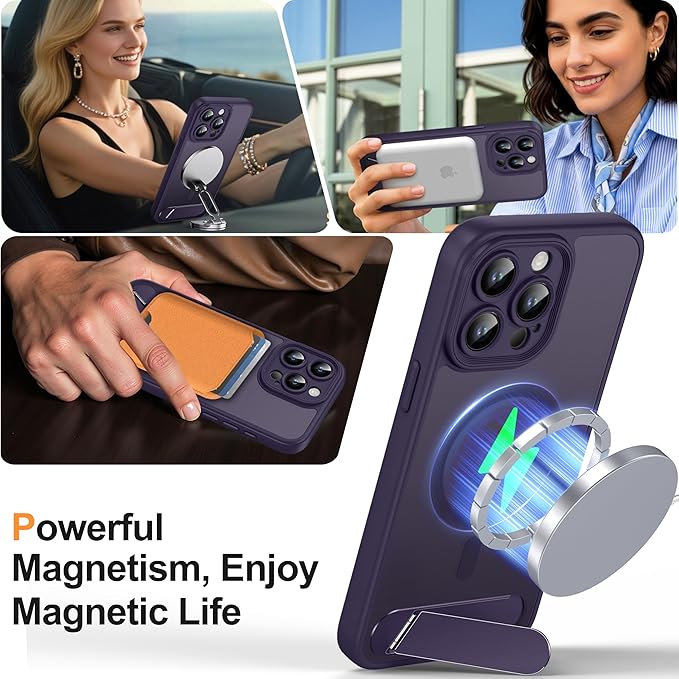 Magnetic Compatible with iPhone 15 Pro Max Case, [Built-in Kickstand][Full Camera Protection][Compatible with MagSafe][Anti-Fingerprint] Shockproof Phone Case for iPhone 15 Pro Max 6.7",Purple