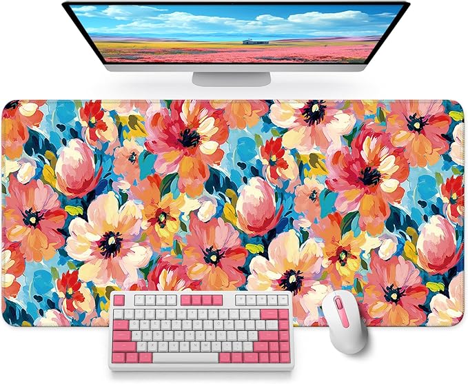 Large Mouse Pad for Desktop, Cute Desk Mat Pad Protector for Work & Gaming, Aesthetic Pretty Anti-Slip Laptop Blotter Cover for Office School Home Supplies, Pastel Garden, 31.5" x 11.8"