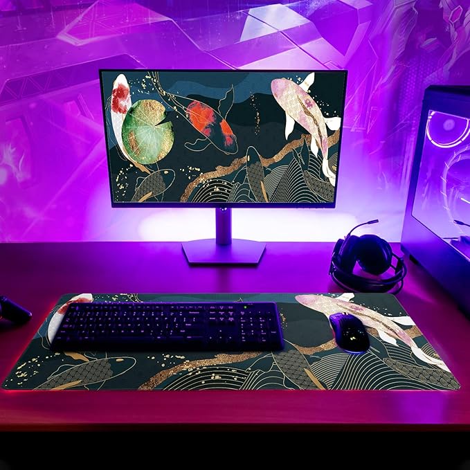 Japanese Gaming Mouse Pad XL - Extended Large Mouse Mat Desk Pad, Stitched Edges Mousepad, 3mm Thick Long Non-Slip Rubber Base Mice Pad, 31.5 X 11.8 Inch - Koi Fish Art