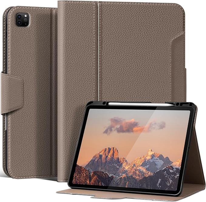 Leather Case for iPad Pro 12.9" 3-6th Gen (2018-2024), with Pencil Holder&Buckle, Auto Wake/Sleep, Adjustable Stand, Gray Brown