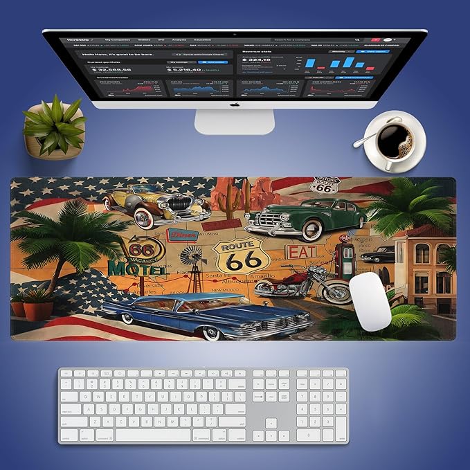 Extra Large Gaming Mouse Pad (31.5" x 11.8") – Celebration of Historic Route 66 & Retro Cars Motorcycle on a Map Road Trip Vintage Americana, XXL Desk Mat with Durable Stitched Edges