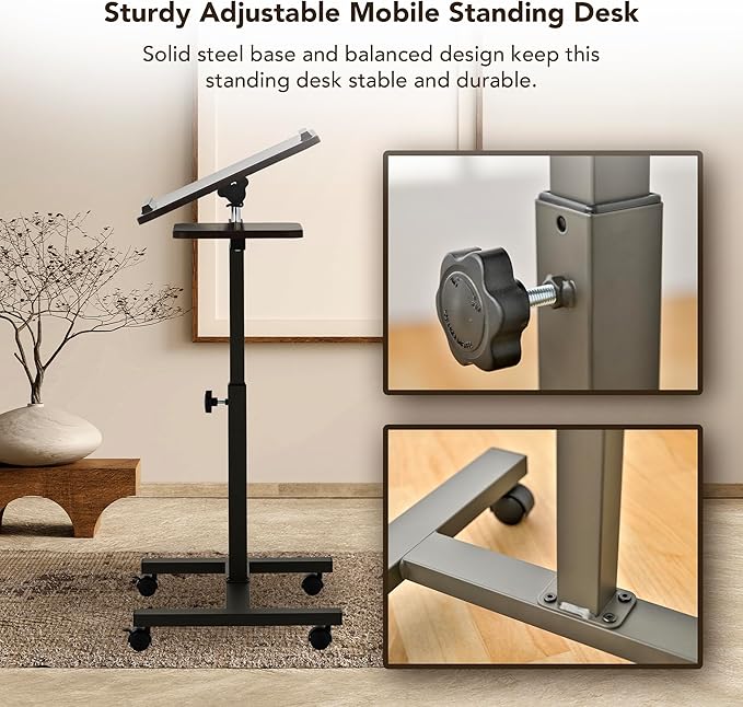 Displays By Jack Adjustable Height Rolling Laptop Desk with Tilting Top & Side Shelf – Mobile Sit Stand Computer Table on Wheels for Home Office, Classroom, Study Room