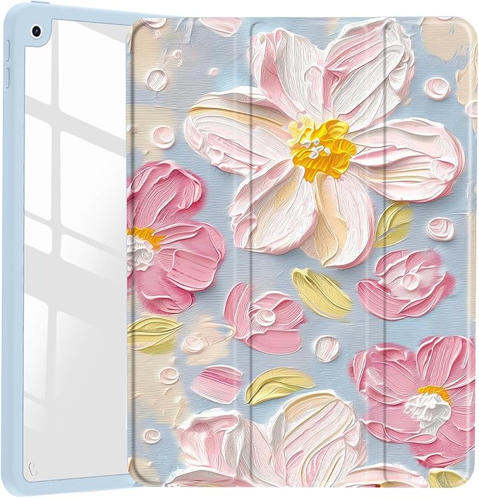JOYLAND Texture Painting Flower Baby Blue Case for 10.5" iPad Pro(2017)/iPad Air 3, Clear Acrylic Hard Back Case with Pencil Holder Trifold Stand Tablet Cover (Model Number:A1701 A1709 A1852)