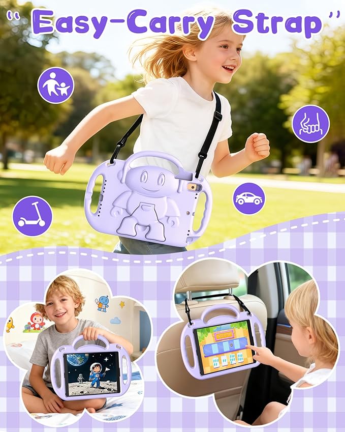 Kids Case for iPad 5th/6th Generation (9.7 inch, 2017/2018) & iPad Air 1/2 9.7" & Pro 9.7, Durable Shockproof Lightweight Kids Cover with Shoulder Strap/Handle/Kickstand, Light Purple