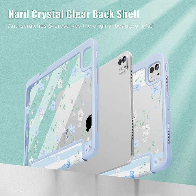 May Chen for iPad Pro 13 Inch Case M5 2025 / M4 2024, Built Pencil Holder & Clear Transparent Print Back Shell Slim Stand Shockproof Tablet Cover, Auto Wake/Sleep, Flower Blue Waves