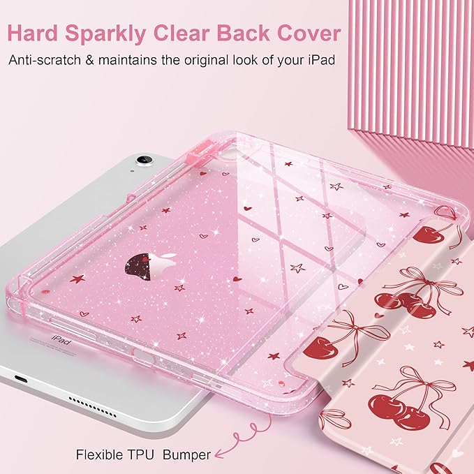 DONGKE for iPad Pro 11 inch Case – Fits M5 2025 / M4 2024, Shockproof Sparkling Glitter Acrylic Back, Pencil Holder, Trifold Stand, Auto Sleep/Wake & Touch ID Support - Cherry & Bow