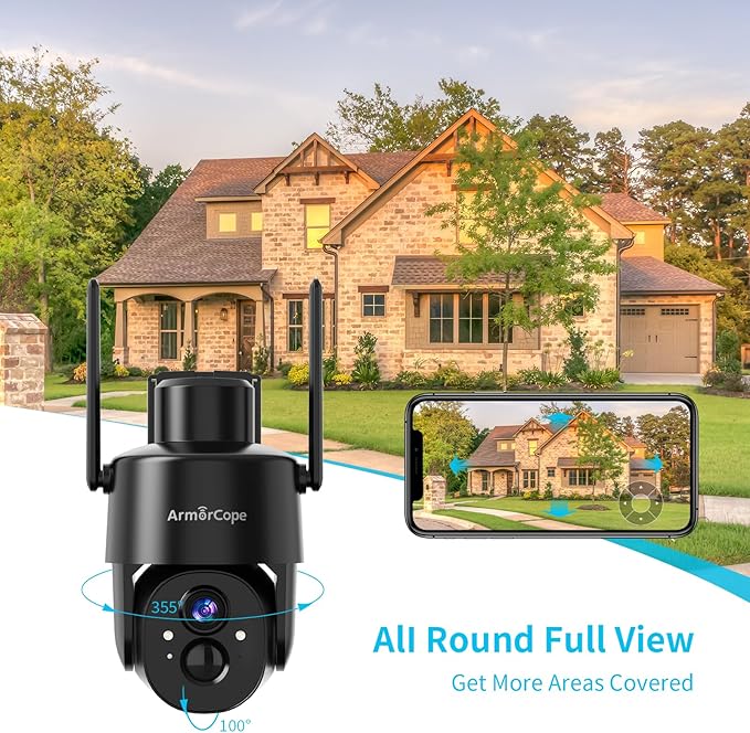 Armorcope 2Pack 2K HD Solar Security Cameras Wireless Outdoor, 360° PTZ View Outdoor Cameras for Home Security,Color Night Vision with Spotlight, 2-Way Audio,Motion Alarm, IP65 Waterproof