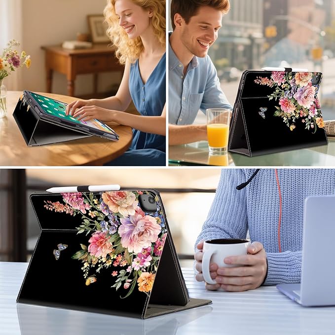 Vimorco for iPad Pro 13 Inch Case, for iPad Air 13 Inch Case, Fit for iPad Pro 12.9 Cases 6th/5th/4th/3th Generation 5 Stand Angles/Typing Stand/Pencil Holder/Card Pockets, Black Flower Butterfly