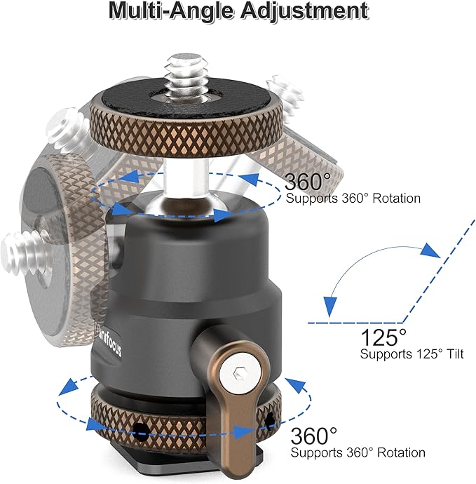 MINIFOCUS Metal Ball Head Camera Mount 360 Rotating with 1/4" Screw and Cold Shoe Adapter, 11lbs/5kg Load for 1/4" Tripod, Monopod, DSLR, Flash, Cell Phone Holder, Action Camera