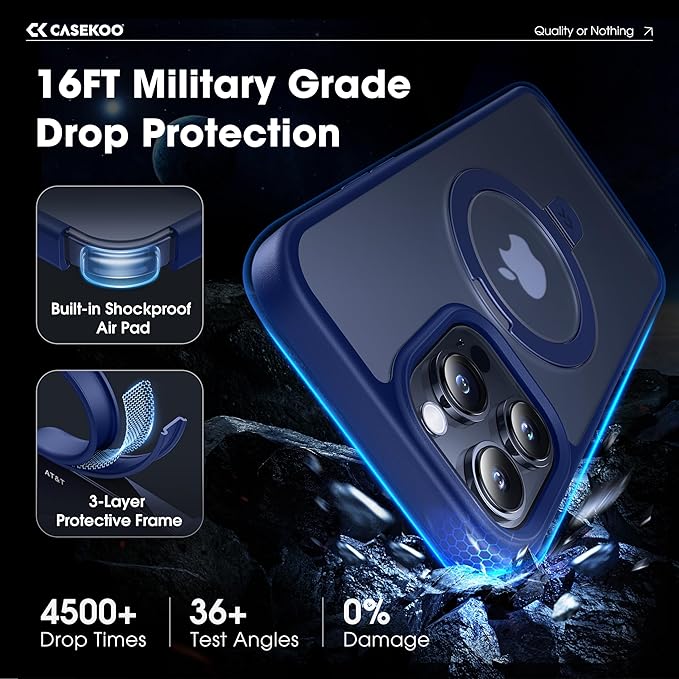 CASEKOO Designed Case for 14 Pro Max with Magnetic Invisible Stand [Military Drop Protection] [Compatible with MagSafe] Shockproof Slim Translucent Matte Promax Case 6.7 Inch, Blue