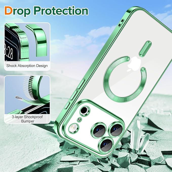 Hython Magnetic Clear for iPhone 17 Pro Case with Camera Lens Protector [Compatible with MagSafe] Luxury Plating Edge Slim Soft TPU Cover Protective Phone Case for iPhone 17 Pro 6.3", Light Green