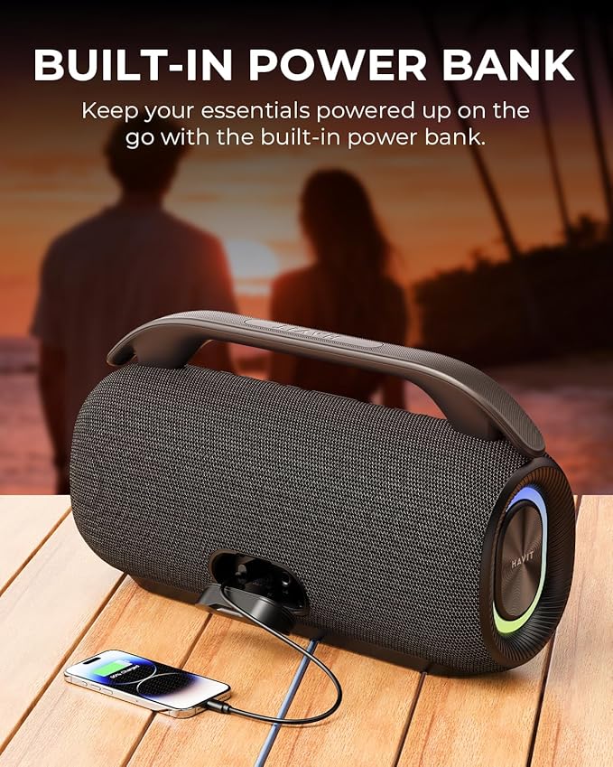 havit 120W Loud Bluetooth Speaker with Deep Bass, IPX6 Waterproof Outdoor Party Speaker, RGB Lights, 12H Playtime, TWS Pairing, Portable Speaker for Beach, Camping, Backyard