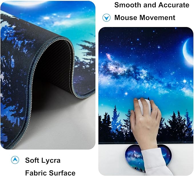 Keyboard Wrist Rest + Mouse Pad with Wrist Support + Desk Mat + Coaster 4 in 1 Set, XXL Large Gaming Mousepad Cute Ergonomic Mouse Pads for Desk Computer Laptop Office Decor-Forest Moon