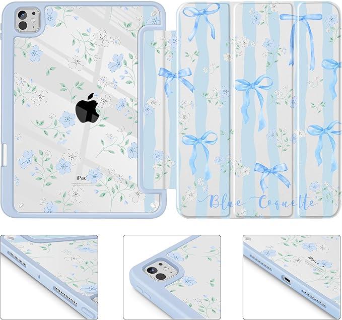 May Chen for iPad Pro 13 Inch Case M5 2025 / M4 2024, Built Pencil Holder & Clear Transparent Print Back Shell Slim Stand Shockproof Tablet Cover, Auto Wake/Sleep, Flower Blue Waves
