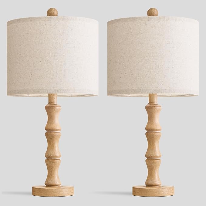 BOBOMOMO 20.5" Farmhouse Table Lamps Set of 2, Rustic Nightstand Lamps with Wood Grain Resin Base & Linen Shade, Small Bedside Lamps for Bedroom, Living Room, Apartment Side Table & Small Spaces