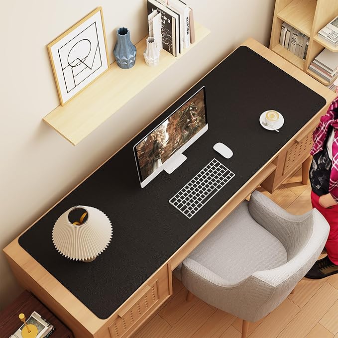 Chihein 67” x 24” Cork & PU Leather Desk Mat (Black) - Huge Mouse Pad, Double Sided Waterproof Desk Pad Protector for Gaming, Office, Home