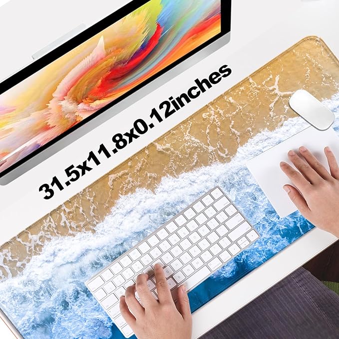 Beach Ocean Waves Gaming Desk Mat, Computer Keyboard Large Extended Sea Mouse Pad for Office and Home, 31.5×11.8 Inches, XL, Blue