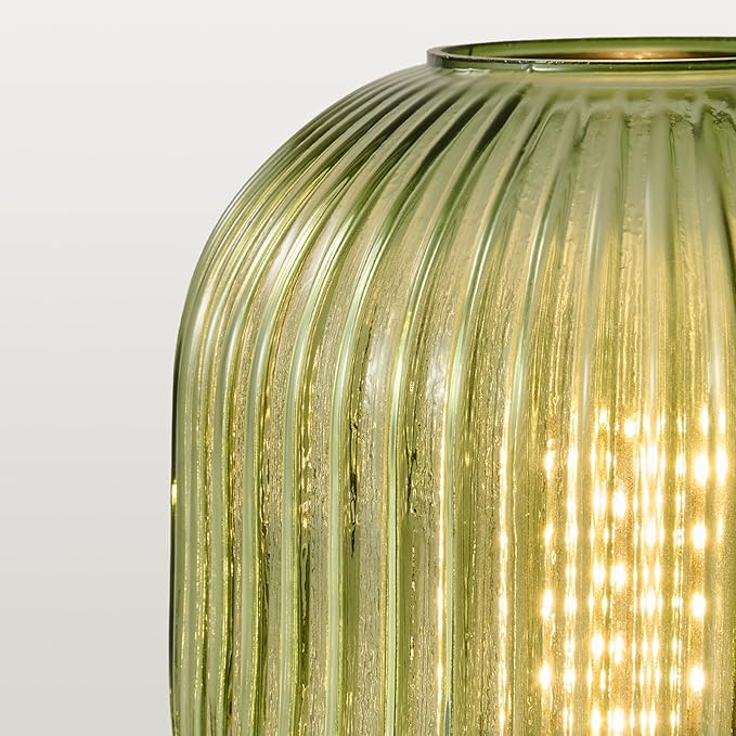 Mid Century Green Table Lamp: Vintage Ribbed Globe Pumpkin Glass Dimmable Plug in Small Bedside Lamps - Cute Brass Gold Modern Side Table Lamp Nightstand Light for Bedroom Entryway Desk Living Room