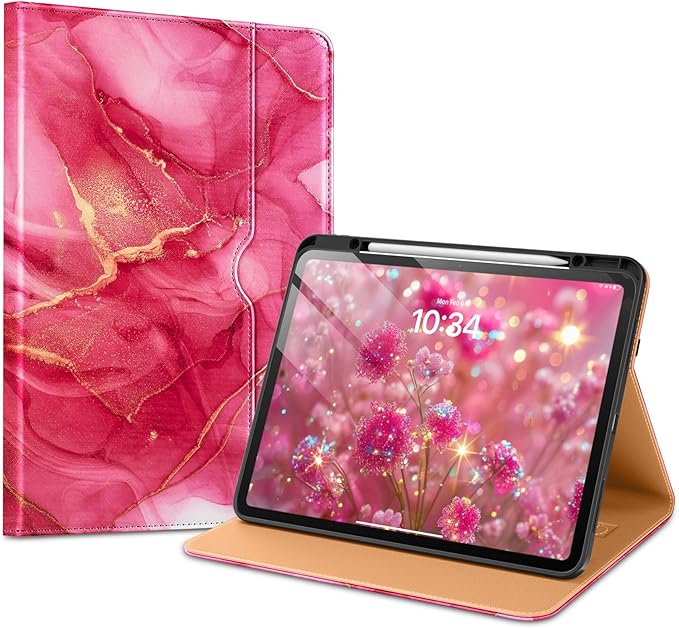 VIKESI Case for iPad Pro 13-inch M5 or M4 Released in 2025 or 2024, Leather Stand Cover with Apple Pencil Holder, Auto Wake/Sleep, Multiple Viewing Angles, Built in Hand Strap & Pocket,Red Marble
