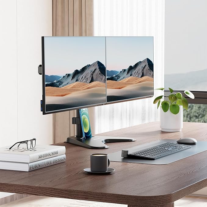 Mount-It! Dual Monitor Stand for Desk, Free Standing Monitor Mount for 2 Screens up to 32”, Height Adjustable with Tilt, Swivel & Rotation, VESA 75x75 & 100x100