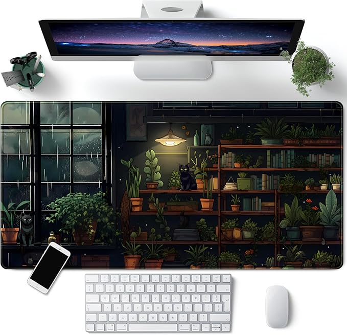 Lofi Cat Desk Mat Dark Green Plant Books Desk Pad Black Cat Aesthetic Anime Big Mouse Pad Large Gaming Mousepad XL Cool Keyboard Pad Deskmat Laptop Computer Mouse Mat 31.5X 15.7in
