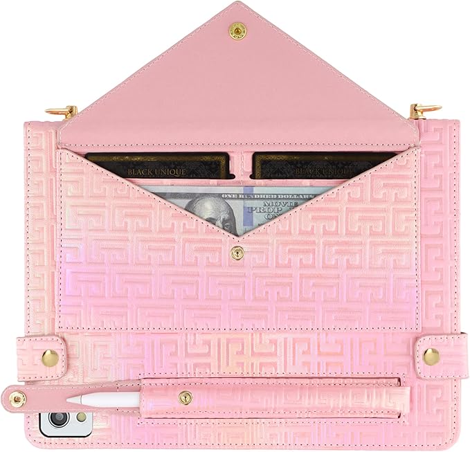 Shiny Case for iPad 6th/5th Gen 9.7 Inch (2018/2017), iPad Pro 9.7"/Air 2, Techcircle Crossbody Iridescent Folio Stand Multi-Pocket Wallet Case with Pencil Holder+Hand/Shoulder Strap, Shiny Pink