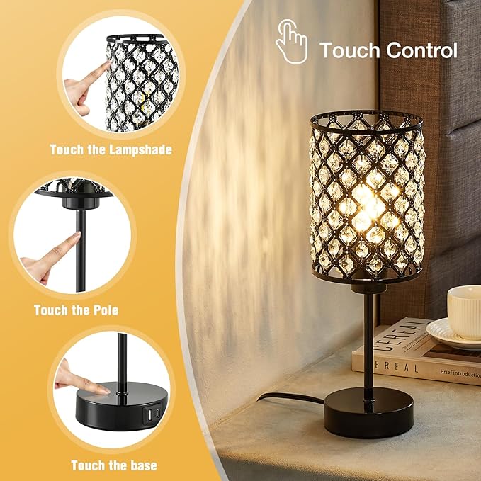 GyroVu Crystal Table Lamp, Black Lamp for Bedroom Nightstand with USB C+A Ports, Dimmable Touch Lamp with Crystal Shade, Bedside Lamp Small Lamp for Bedroom, Living Room, Office (Buld Included)