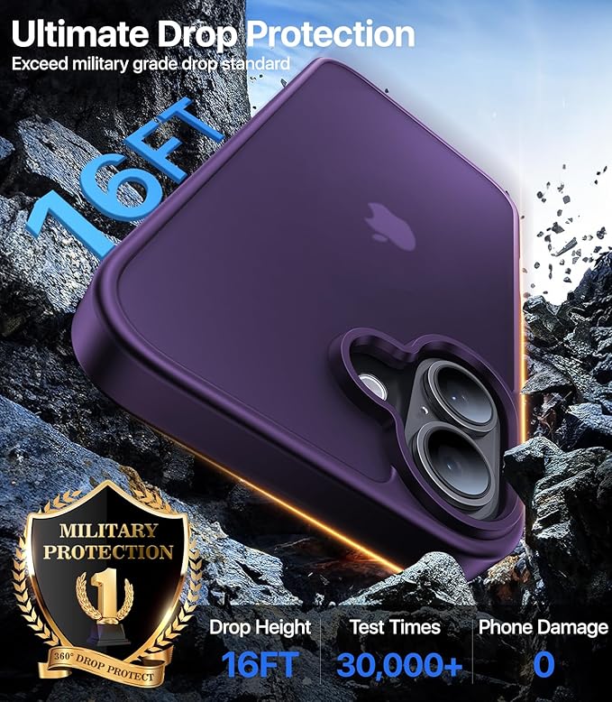 for iPhone 16 Case, [Military-Grade Drop Protection][Anti-Yellowing] Shockproof Protective Translucent Matte Cover for iPhone 16 Phone Case,Dark Purple