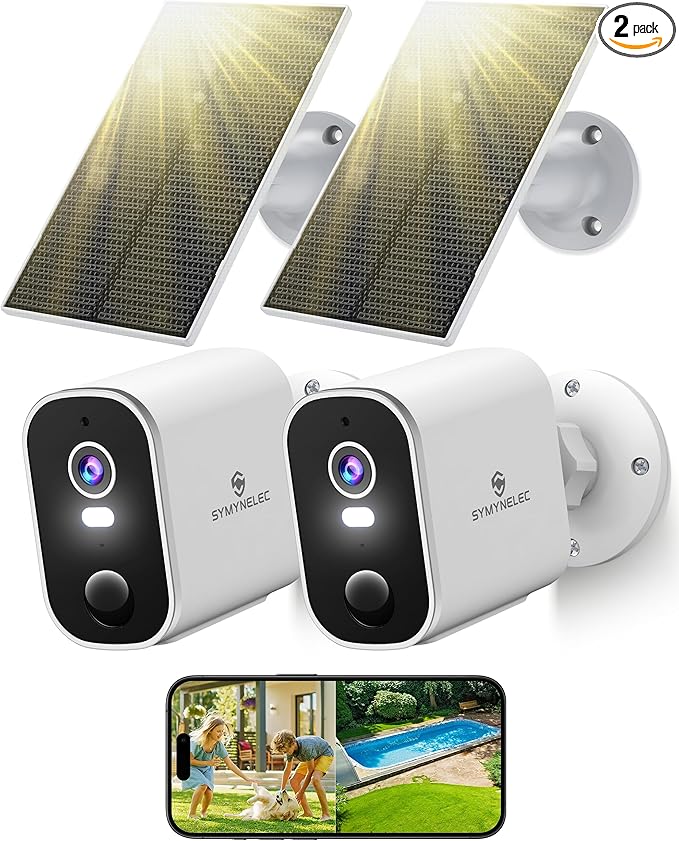 SYMYNELEC 2K Solar Security Cameras Wireless Outdoor 2-Pack, No Monthly Fee, Home Security System with Color Night Vision, Person Detection, Waterproof, Compatible with Alexa, 2.4GHz WiFi
