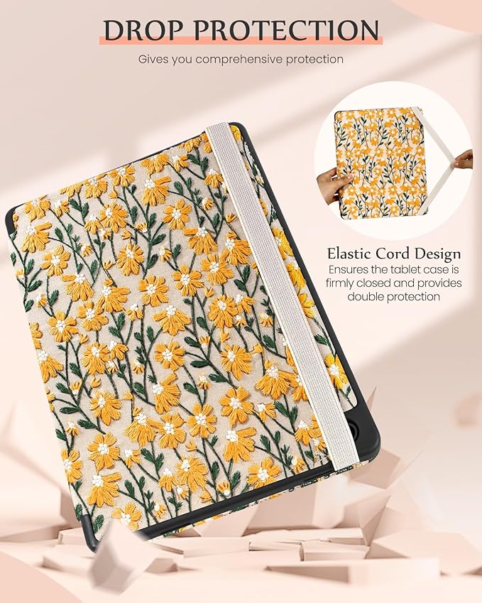 Uppuppy for Samsung Galaxy Tab A9 Plus Case 11'' - for Women Girls Cute Embroidered Folio Stand Cover with Pencil Holder & Card Slot Girly Yellow Daisy Design Aesthetic Cases for Samsung Tab A9 Plus