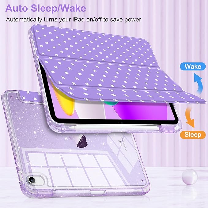 DONGKE for iPad Pro 11 inch Case – Fits M5 2025 / M4 2024, Shockproof Sparkling Glitter Acrylic Back, Pencil Holder, Trifold Stand, Auto Sleep/Wake & Touch ID Support - Purple Cross Dot