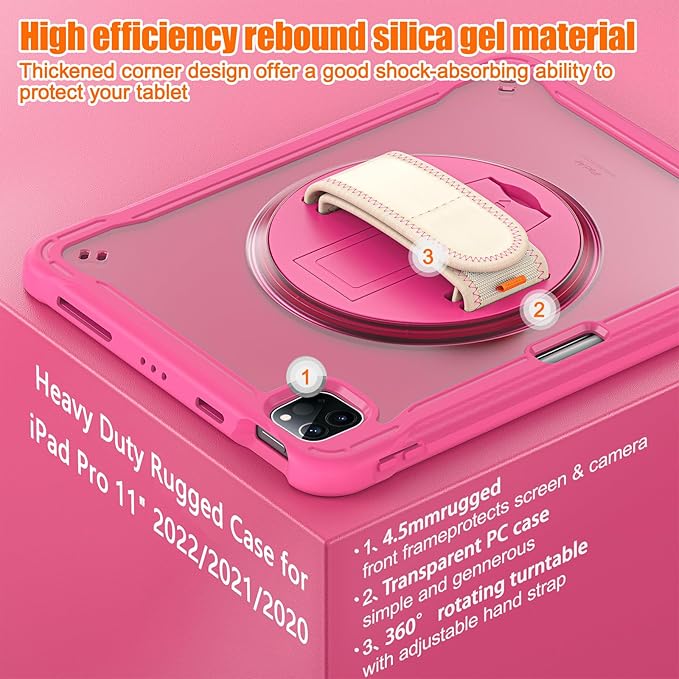 Batianda Case for iPad Pro 11-inch 2022 4th M2 Chip /2021 (3rd Generation) Heavy Duty Rugged Shockproof Tablet Cover with 360° Rotating Hand Strap Foldable Hidden Stand & Shoulder Strap, Pink
