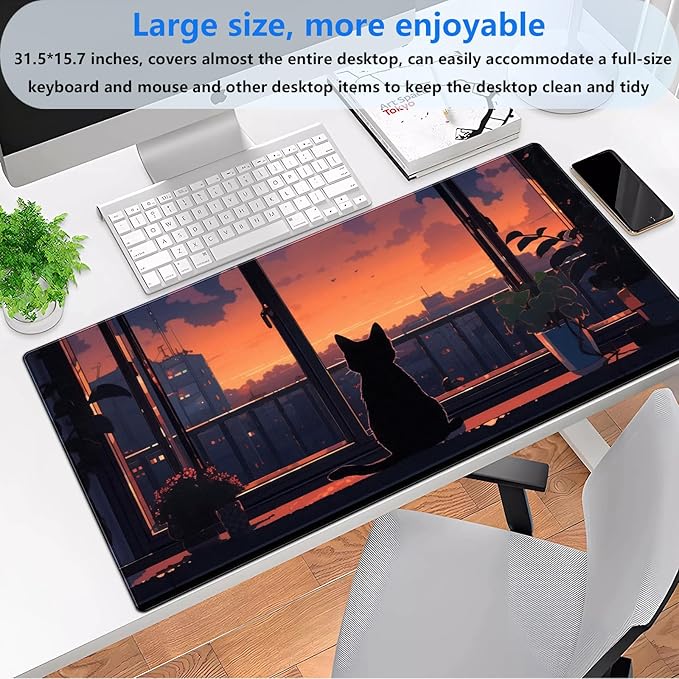 Lofi Aesthetic Desk Mat Cat Mouse pad Cute Orange Anime Mouse Pad Extra XL Large Gaming Mousepad for Desk 31.5''X15.7'' Laptop Computer Keyboard and Mouse Mat for Desk Decoration