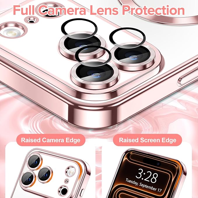 Hython Magnetic Clear for iPhone 17 Pro Case with Camera Lens Protector [Compatible with MagSafe] Luxury Plating Edge Slim Soft TPU Cover Protective Phone Case for iPhone 17 Pro 6.3", Pink