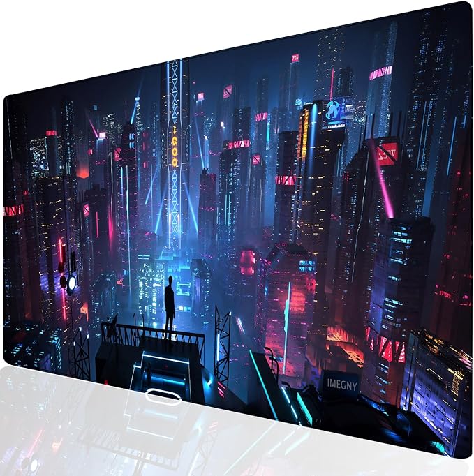 Extended Gaming Mouse Pad, Portable Mat for Keyboard & Mouse with Stitched Edges + Non-Slip Rubber Base (90x40 neoncity001)
