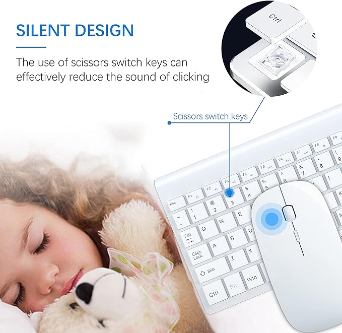 TopMate Wireless Keyboard and Mouse Ultra Slim Combo, 2.4G Silent Compact USB 2400DPI Mouse and Scissor Switch Keyboard Set with Cover, Batteries Included, for PC/Laptop/Windows/Mac - White
