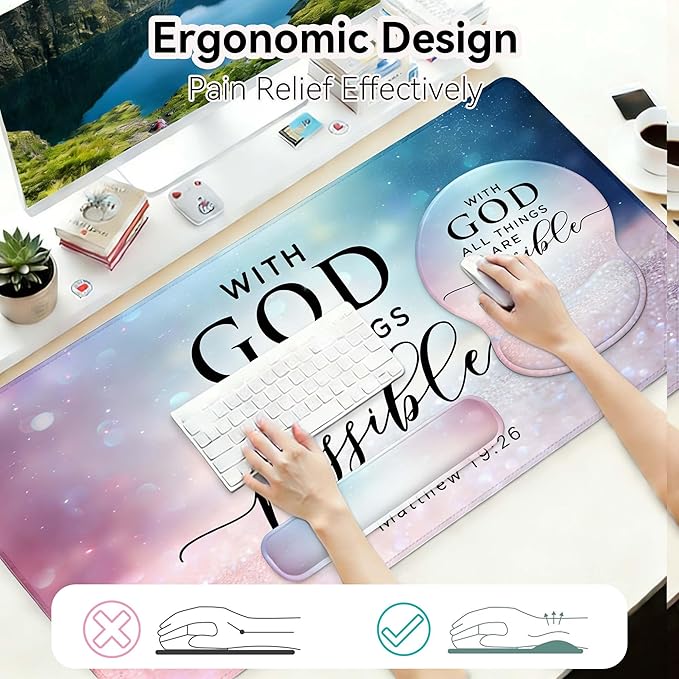 Desk Mat Set + Keyboard and Mouse Pad with Wrist Rest Support,4-in-1 Large Mousepad Computer Mats for Desktop Home & Office-with God