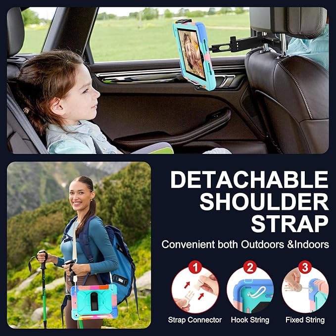 for iPad 6th Generation/iPad 5th Gen/iPad Air 2/iPad Pro 9.7" Case with Cute Key Chain, Rugged Protective Case with Rotating Stand & Shoulder Hand Strap for iPad 6th/5th/ Air 2 (Rainbow Aqua)