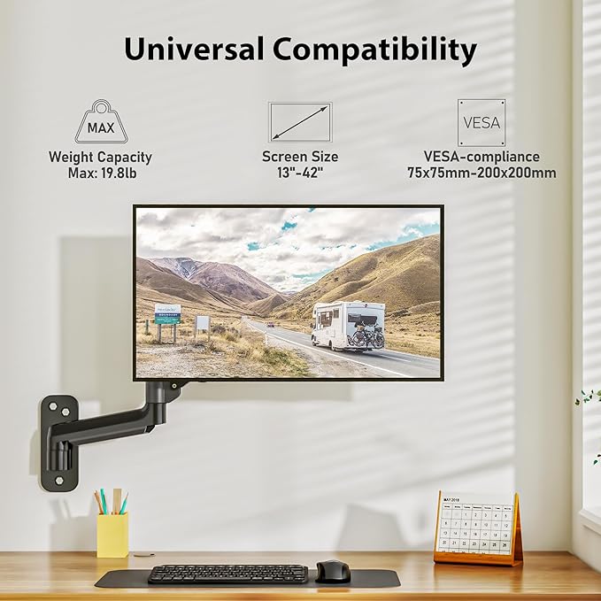 BONTEC Monitor Wall Mount Arm, VESA Gas Spring Height Adjustable, for 13-42 Inch Screens, Max 19.8lbs, Swivel, Tilt, Space-Saving Desk Mount, Easy Installation, Single Arm TV Mount, Max VESA 200x200