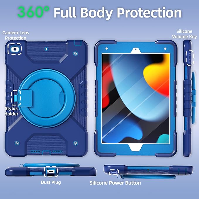 Andnary Case for iPad 9th/8th/7th Generation 10.2 inch, Shockproof Cover with Screen Protector/360° Rotating Handle/Bracket/Pen Holder/Shoulder Strap, Kids Case for iPad 2021/2020/2019 (Navy+Blue)