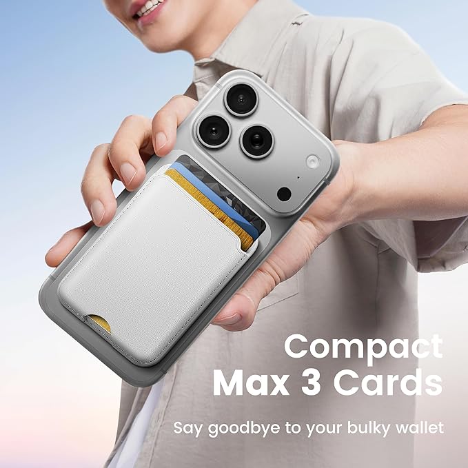 Stronger Magnetic Wallet for iPhone 17/16/15/14/13/12 Series & for MagSafe-compatible Cases, Slim Leather Magnetic Card Holder with RFID Blocking, N52 Magnet Phone Wallet, Fit 3 Cards, White