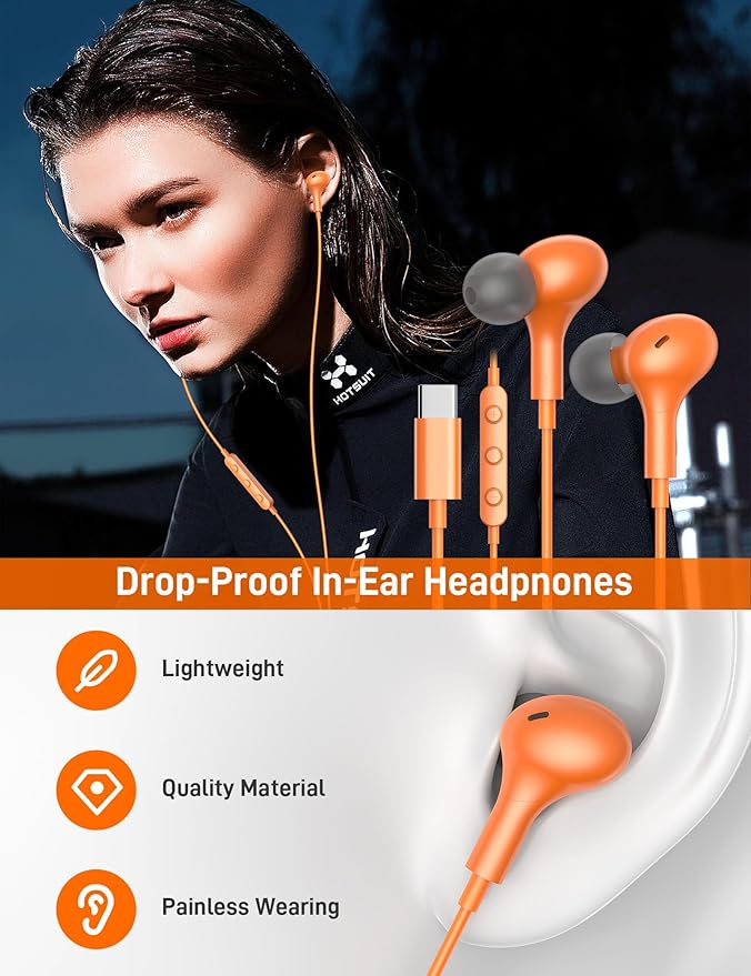 iMangoo for Apple USB C Wired Headphones, Hi-Fi Sound Corded Earbuds, Ergonomic Small in Ear Buds for iPhone 17 Pro Max/17e/16 Plus/16e/15, for Samsung S26/S25 Ultra/for Pixel Type C Earphones Orange