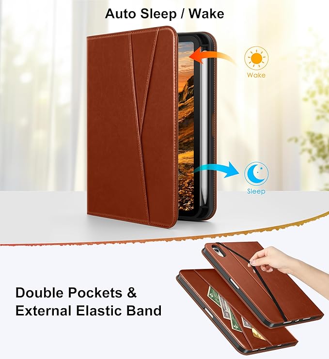 DTTO for iPad mini 7 (A17 Pro) Case, iPad mini 7th / 6th Generation Case (2024/2021), 360 Degree Rotating Premium Leather Folio Stand Cover with Pencil Holder, Brown